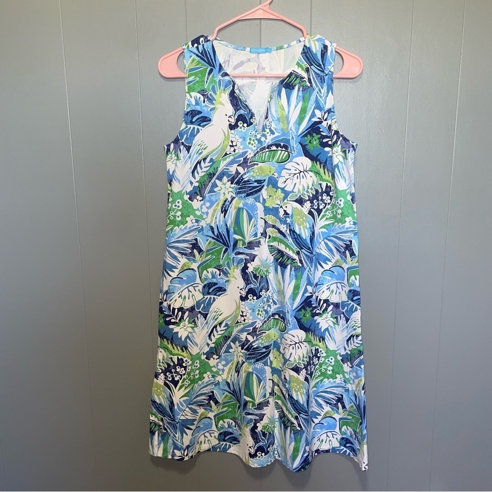 J. McLaughlin Blue and Green Ellison Bird Print Sleeveless Shift Dress Small
